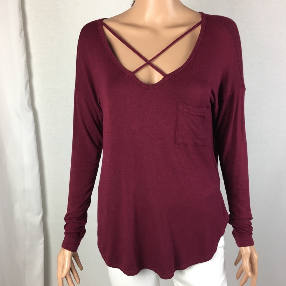 No Boundaries Burgundy Criss Cross Front Top
